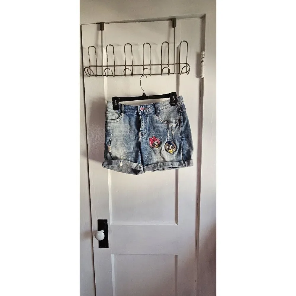 Vtg YiLiHAO size 26 denim shorts Donald and Daisy embroidered distressed cuffed
